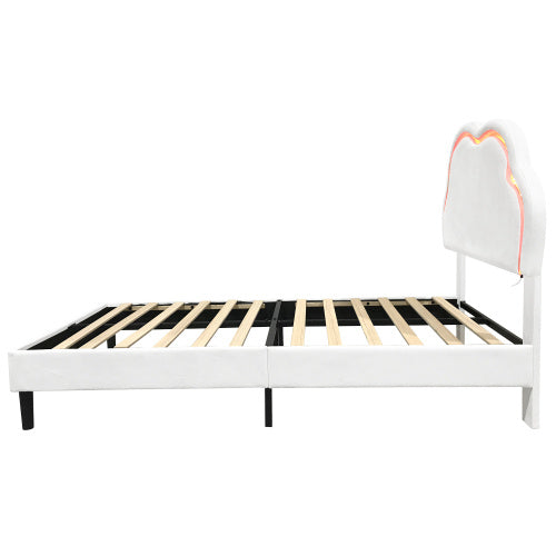 UK Local 3ft Single Upholstered Bed With LED Adjustable Cute Cloud Headboard, Soft Velvet Bed Frame With Solid Wood Slat, No Box Spring Needed, Easy Assembly, Cream White No Mattress