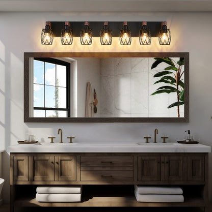 US Local Industrial Vintage 7-Light Wall Sconce - Black Cage Wall Lighting Fixture With Wooden Accents For Bathroom, Hallway, Or Living Room Bulb Not Included