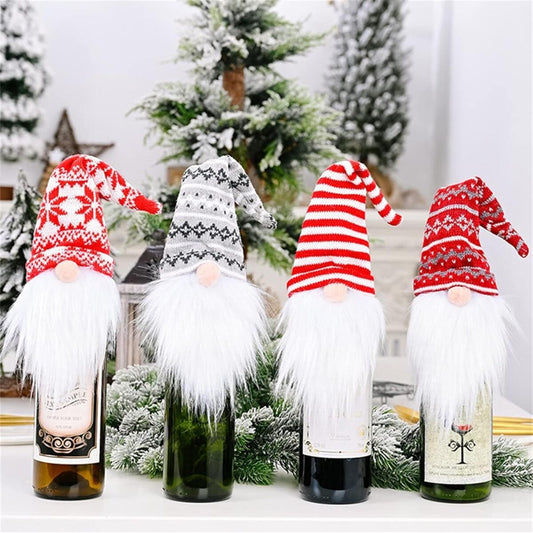 US Local 4 Pcs Christmas Wine Bottle Covers Reusable Knitted Gnomes Wine Bottle Toppers Xmas Party Handmade Tomte Swedish Gnomes Wine Decoration For Holiday New Year Dining Table Decor Party Gift