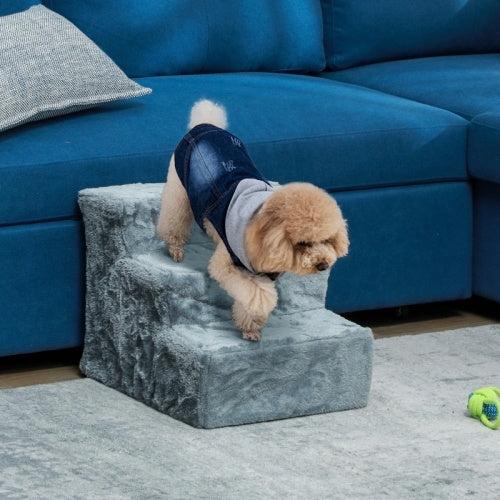 UK Local PawHut Three-Step Dog Stairs, With Washable Plush Cover, For High Bed Sofa, Dog Stairs For Small Dog And Cat - Light Grey