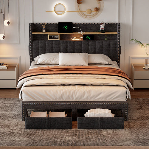 UK Local 4ft6 Double Upholstered Bed With 2 Storage Drawers, Riveted Storage Bed With Charging And Lighting, Linen Platform Bed Frame No Box Spring Needed, Easy Assembly, Grey No Mattress