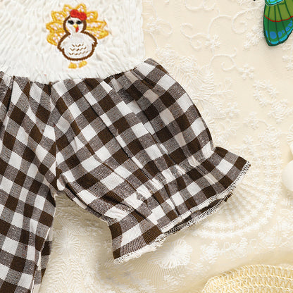 Infant Baby Girls Thanksgiving Dress Turkey Print Casual Short Sleeve Plaid Party Costume Dresses