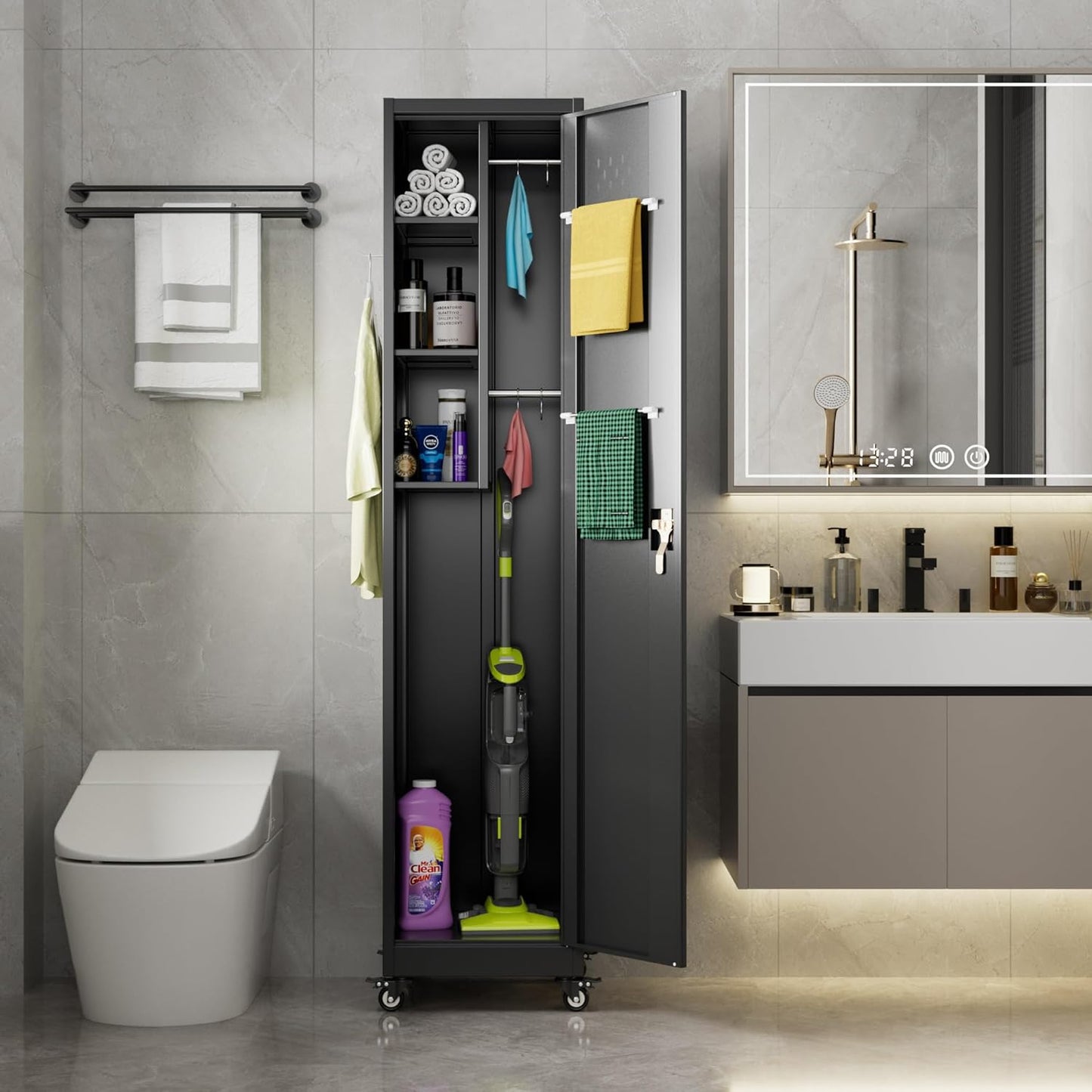 US Local Aobabo Lockable Storage Cabinet With Wheels, Metal Cleaning Tool Cabinet With Hooks, Cleaning Supplies For Broom Rack Shelf For Broom Mops Garage Storage, Black, Assembly Required