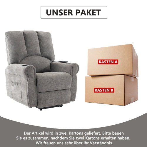 UK Local Electric Lift Grey Senior Chair - Single Motor, Heated Massage, Stand Assist, Storage Pockets, Cup Holders