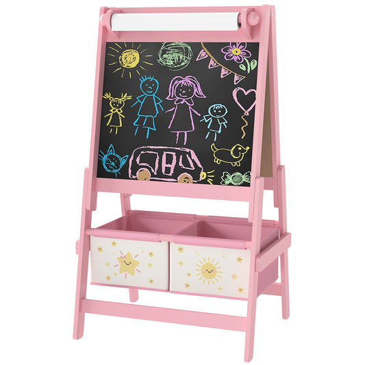 US Local Art Easel , Double-Sided Whiteboard & Chalkboard With Paper Roll, Storage Baskets , Pink