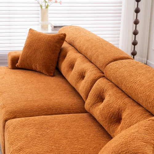 US Local LY-029 ORANGE COMPRESSION SOFA 4-seater Combined Sofa, Wood Grain Chenille Fabric, Full Sponge Compression Sofa,combined Sofa With 2 Pillows For Living  Home Furniture  Apartment