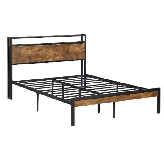 US Local King Size Metal Platform Bed Frame With Wooden Headboard And Footboard With USB LINER