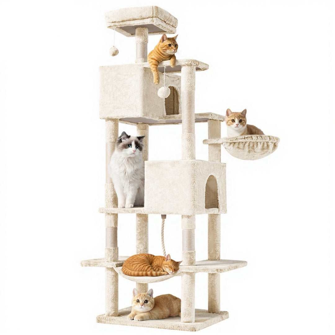US Local 66 Inch Cat Tree Tower, Large Multi-Cat Climbing Extended Platform, Hammock, Pet House For Indoor Cats And Kittens Play