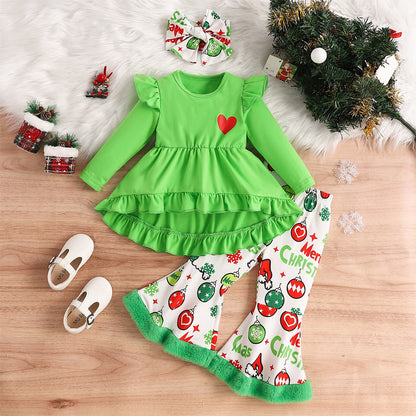 US Local Toddler Girl's 2-Piece Set Round Neck Long Sleeve Ruffle Hem Tunic Top & Print Flare Pants For Spring & Fall