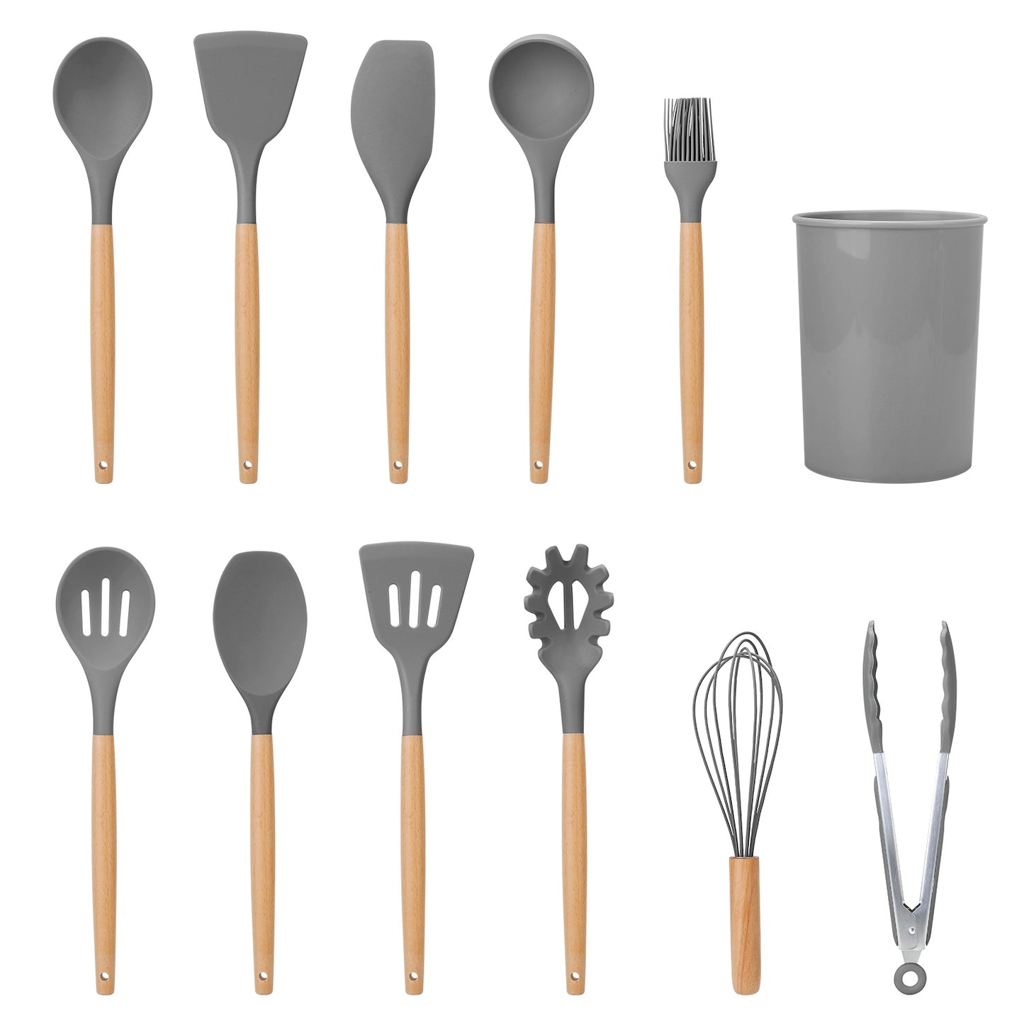 US Local 2 Color Options -- Set Of 11Pcs Silicone Cooking Utensil Set Heat Resist Wooden Handle Silicone Spatula Turner Ladle Spaghetti Server Tongs Spoon Egg Kitchenware Set With Holder