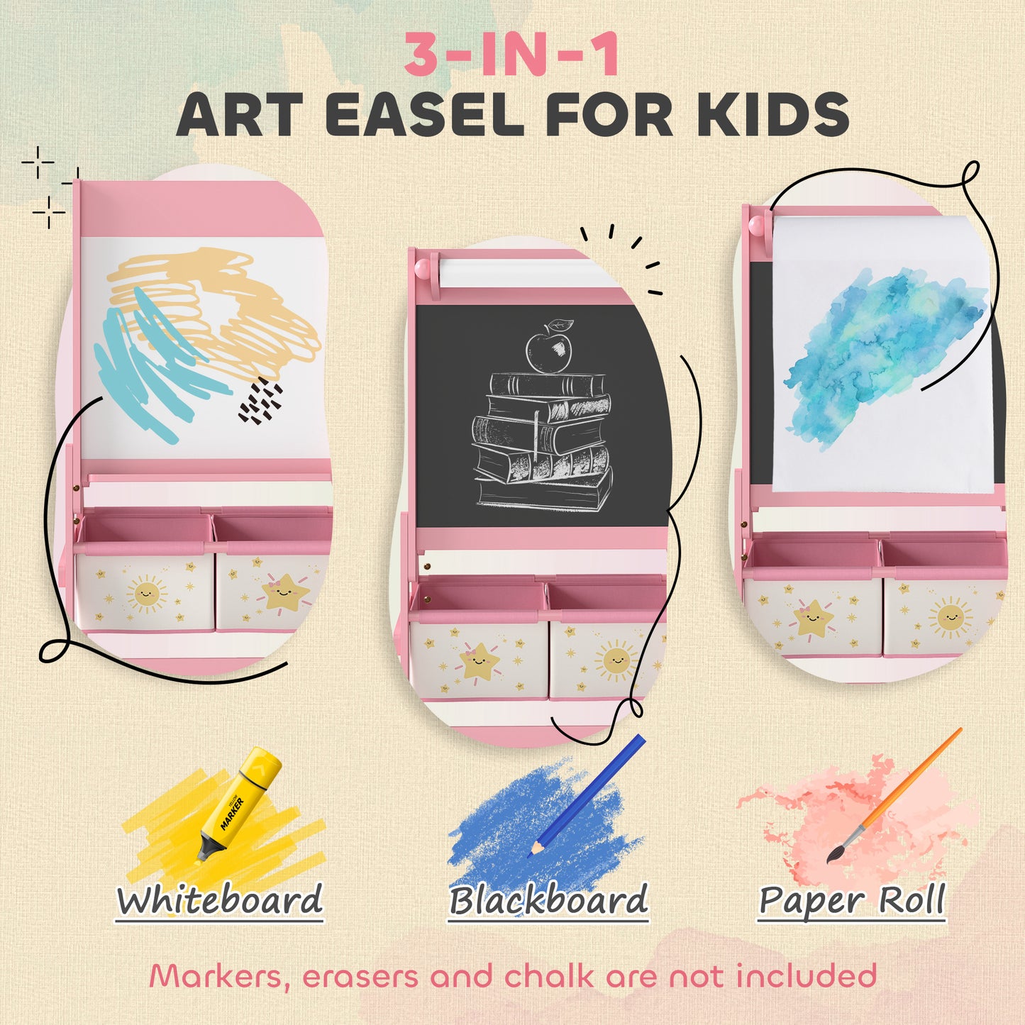 US Local Art Easel , Double-Sided Whiteboard & Chalkboard With Paper Roll, Storage Baskets , Pink