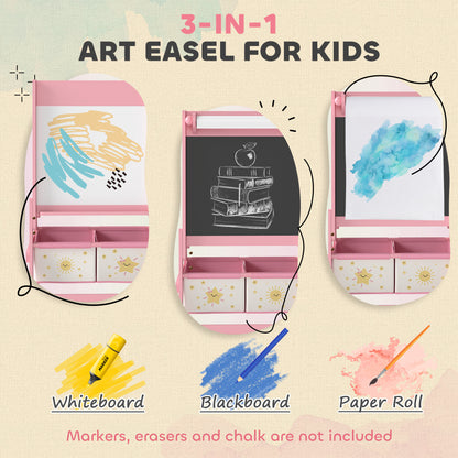 US Local Art Easel , Double-Sided Whiteboard & Chalkboard With Paper Roll, Storage Baskets , Pink