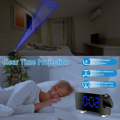 US Local 1 Pc Projection Alarm Clock With Radio Function Curved Screen LED Digital Alarm Clock With Dual Alarms 4 Dimmer 12-24 Hour USB Charging Port 180Degree Rotatable Projection