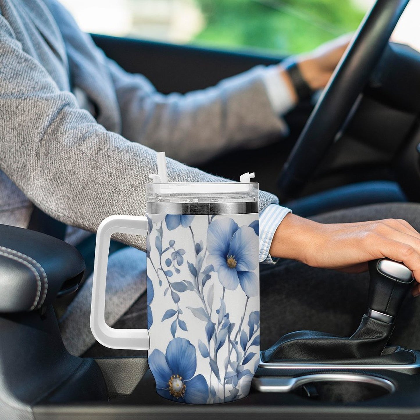 PHDT00114 POD US Local Tumbler 40 oz Large Capacity Car Cup Blue, Ink, Watercolor, Flower