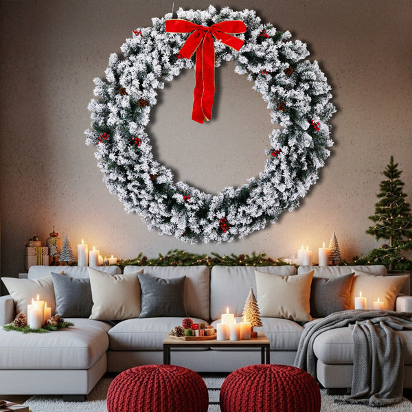 US Local 60in Pre-lit Snow Flocked Christmas Wreath, Lighted Artificial Xmas Wreath With 220 Warm White Lights And 600 PVC Tips And DIY Ornaments, For Front Door Gate Wall Xmas Party Decorations, Snowy Green