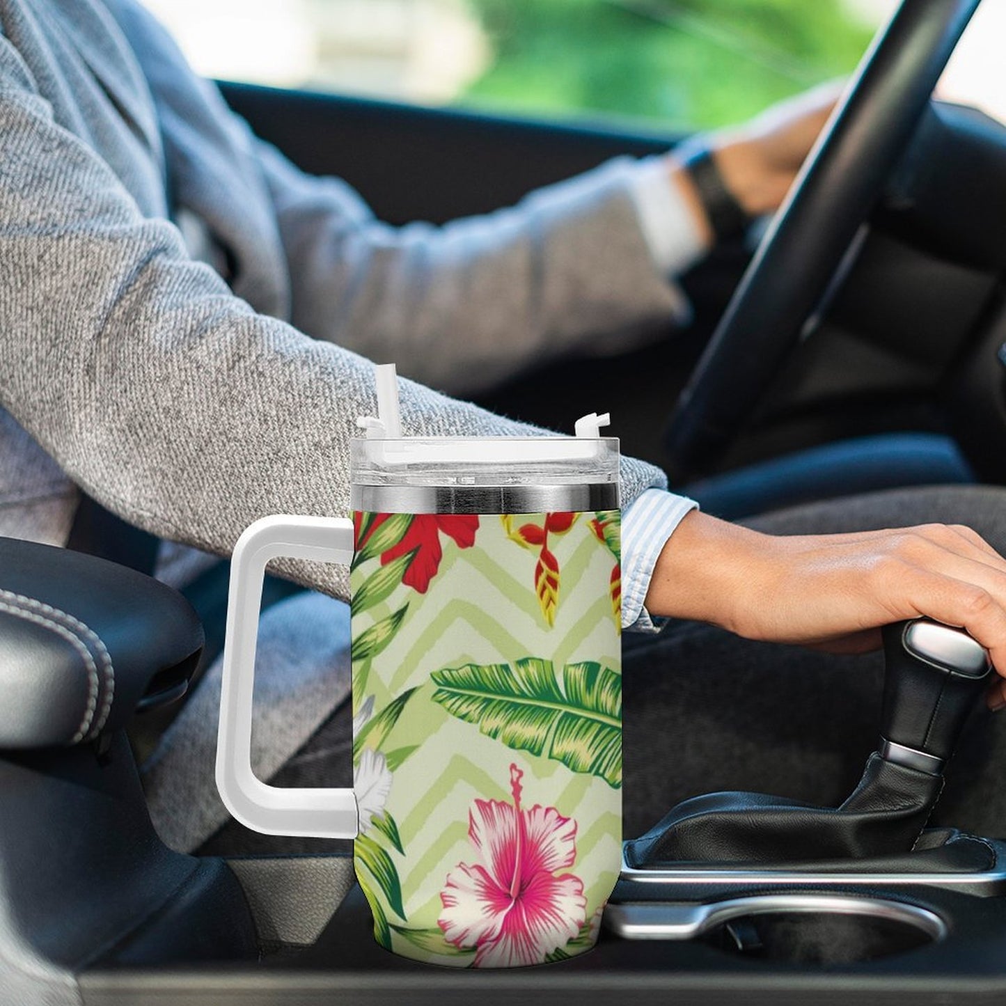 PHDT00459 POD US Local Tumbler 40 oz Large Capacity Car Cup Summer, Flowers, Green