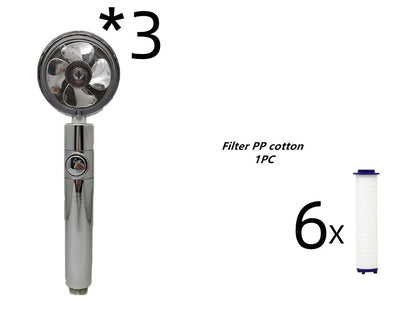 US Local Propeller Driven Shower Head With Stop Button And Cotton Filter Turbocharged High Pressure Handheld Shower Nozzle