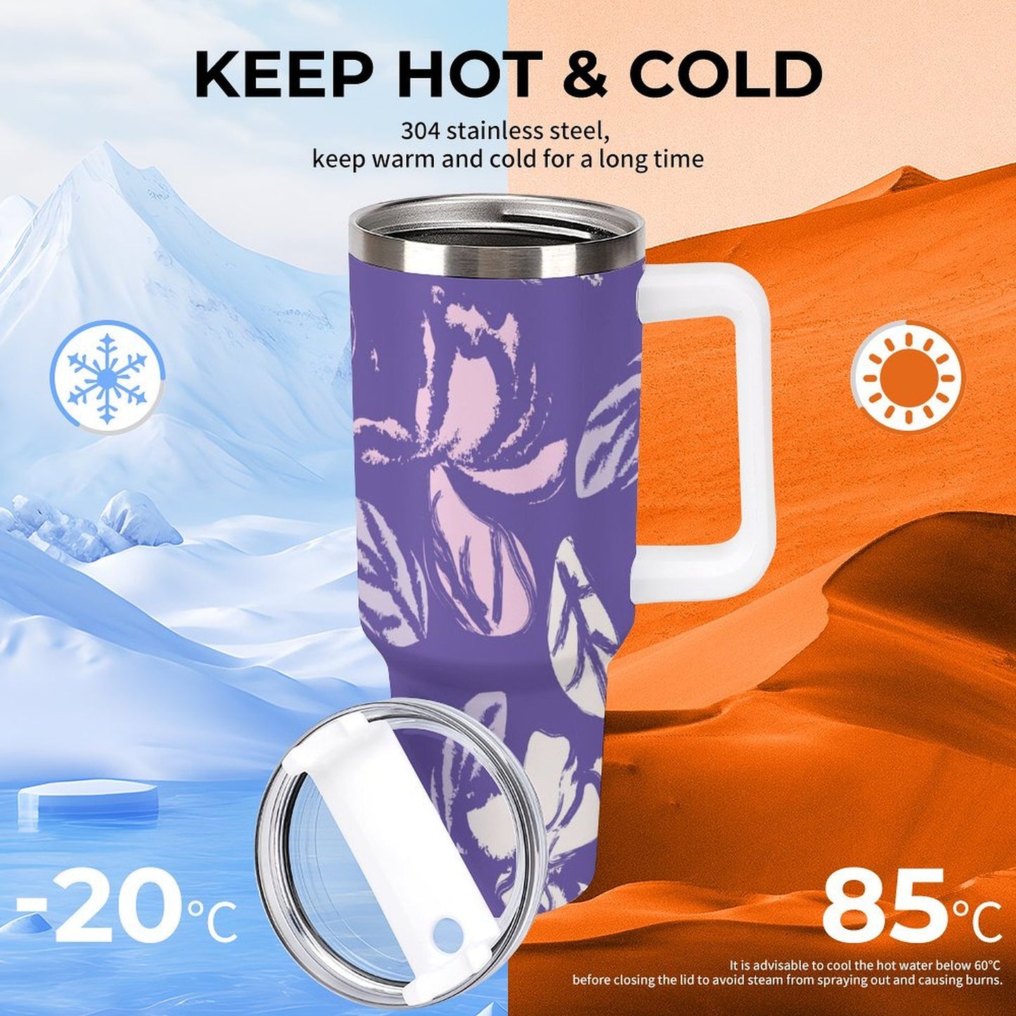 PHDT00216 POD US Local Tumbler 40oz Large Capacity Car Cup Oil Painting Flowers Purple