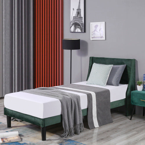 UK Local Single Bed Velvet Dark Green 3FT Upholstered Bed With Winged Headboard, Wood Slat Support