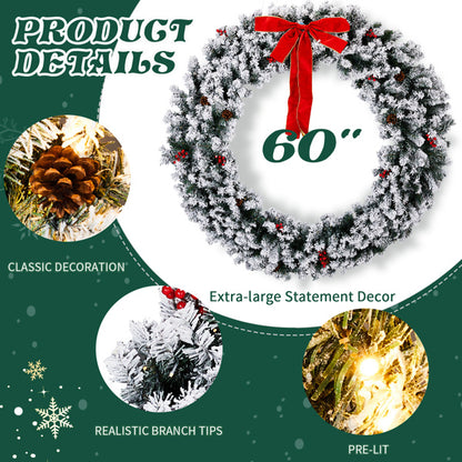 US Local 60in Pre-lit Snow Flocked Christmas Wreath, Lighted Artificial Xmas Wreath With 220 Warm White Lights And 600 PVC Tips And DIY Ornaments, For Front Door Gate Wall Xmas Party Decorations, Snowy Green
