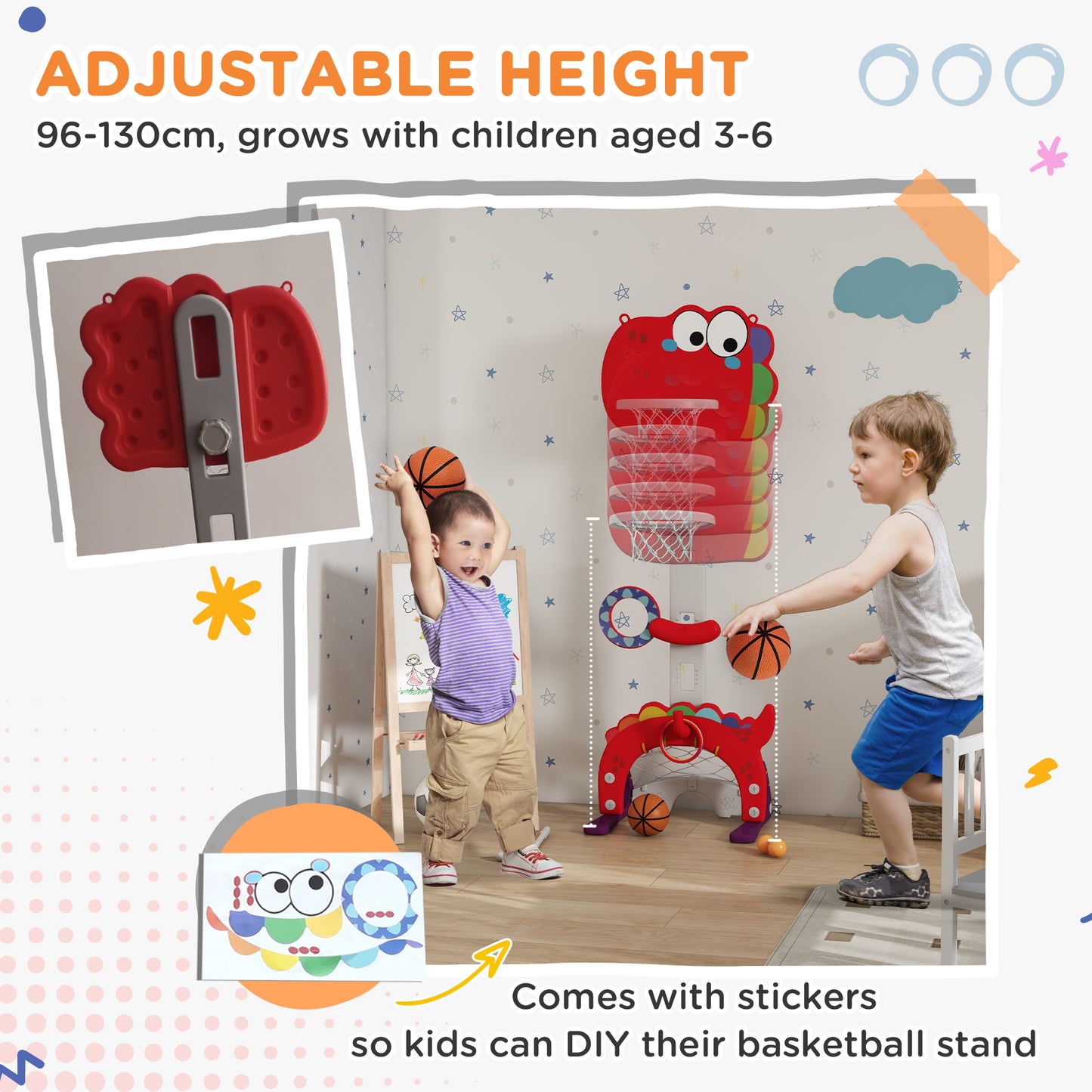 US Local Adjustable Height 4.4-5 ft Kids Basketball Hoop, 5 in 1 Design, for Indoor Use, Red