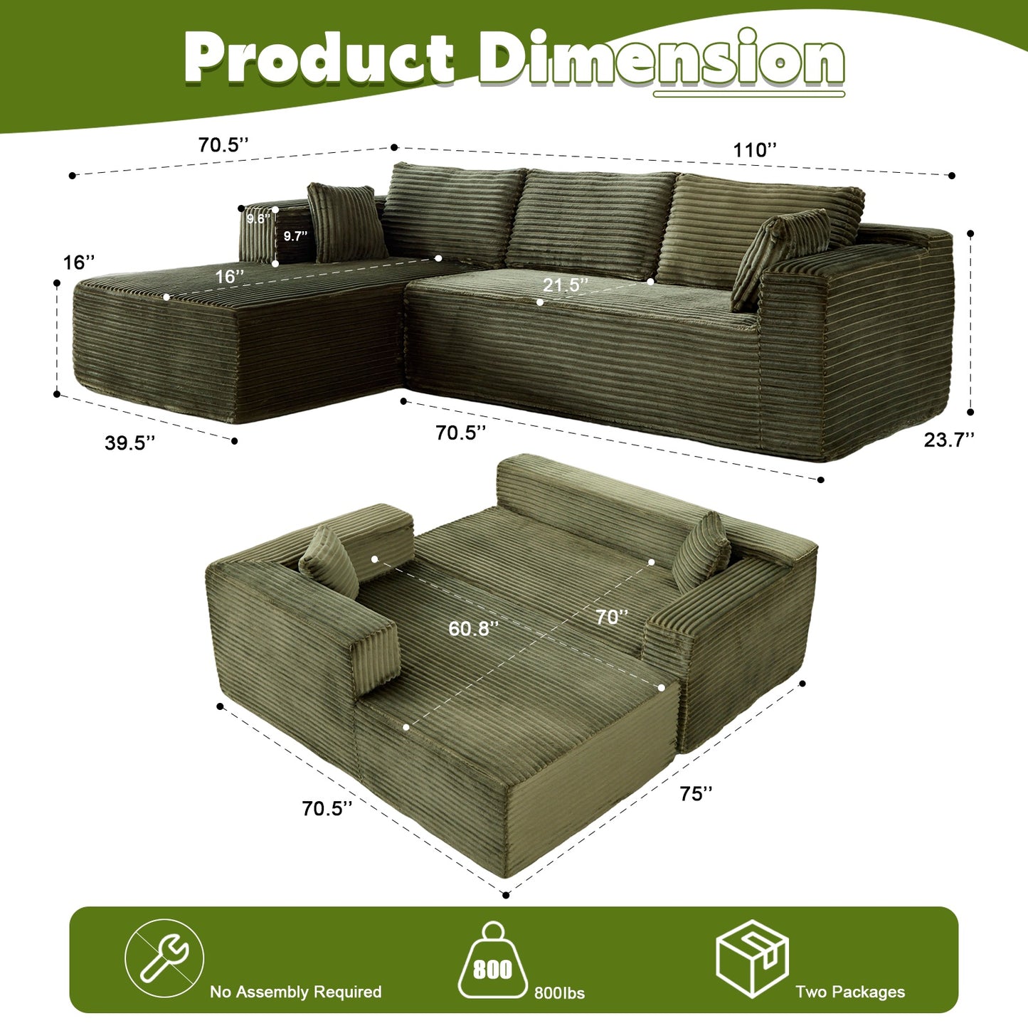 US Local L-Shaped Compression Sofa Bed With Corduroy Fabric - Convertible Sectional Sofa, Foldable Floor Couch Sleeper, Space-Saving Flannel-Like Lounge For Small Apartments, Living Room & Game Room NO TUME