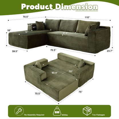 US Local L-Shaped Compression Sofa Bed With Corduroy Fabric - Convertible Sectional Sofa, Foldable Floor Couch Sleeper, Space-Saving Flannel-Like Lounge For Small Apartments, Living Room & Game Room NO TUME