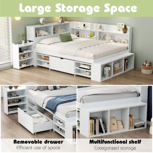 UK Local Children's Bed, Single Bed-3ft 90x190cm, Single Bed, Multifunctional Children's Bed With Drawers, Bookcase And Storage Cupboard, Large Storage Space, Slatted Frame, Without Mattress, White