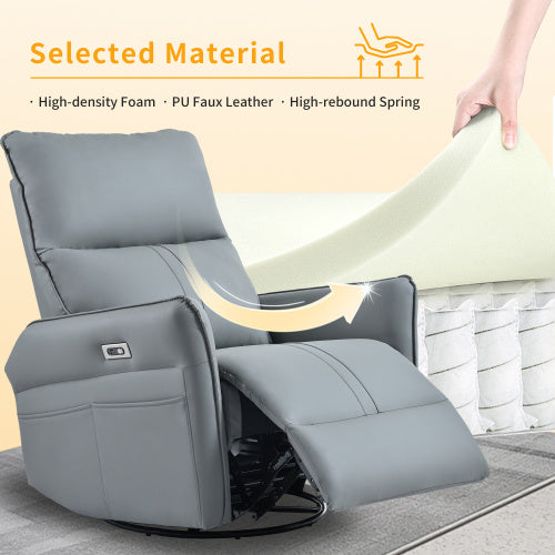 US Local 270 Power Swivel Rocker Recliner Chair, PU Leather Electric Glider Reclining Sofa With USB Ports, Power Swivel Glider, Rocking Chair,Nursery Recliners For Living Room Bedroom  Light Gray  270Swivel