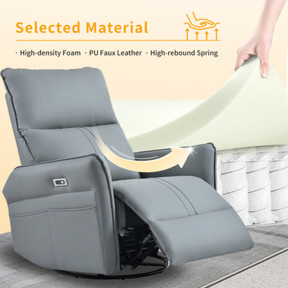 US Local 270 Power Swivel Rocker Recliner Chair, PU Leather Electric Glider Reclining Sofa With USB Ports, Power Swivel Glider, Rocking Chair,Nursery Recliners For Living Room Bedroom  Light Gray  270Swivel