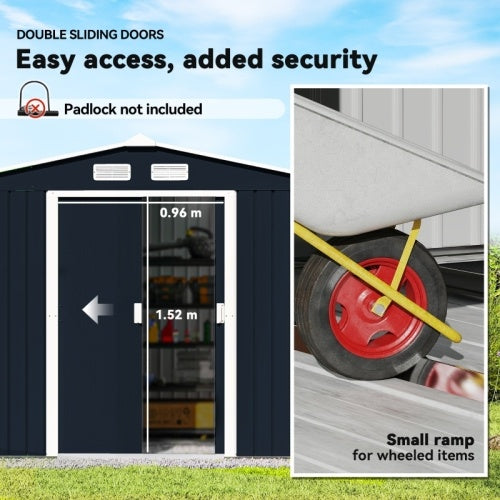 UK Local Outsunny 9 X 6ft Metal Bicycle Shed, Outdoor Storage Tool House With Ventilation Slots, Foundation Kit And Lockable Double Doors, Dark Grey