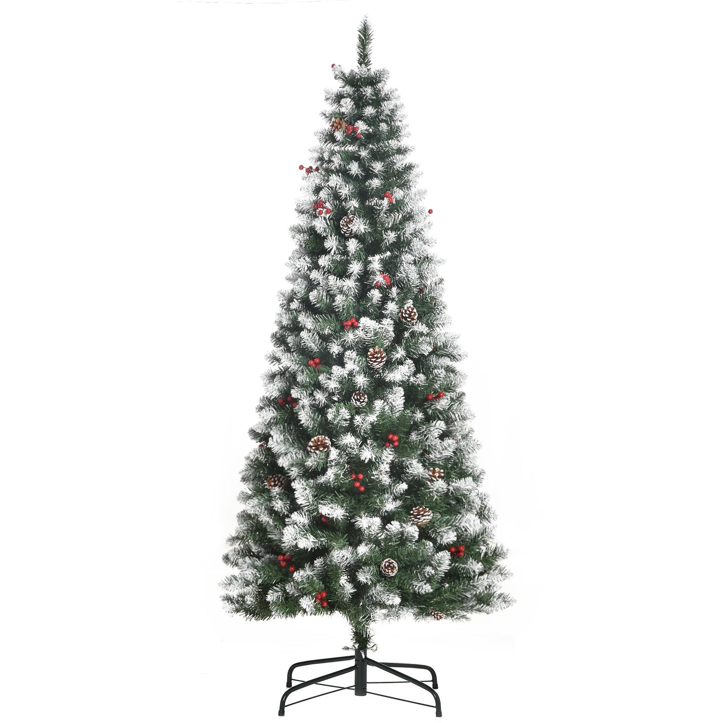 CA Local 6 ft Decorated Christmas Tree With Red Berries And Pine Cones, Flocked Christmas Tree With Pencil Shape, Green