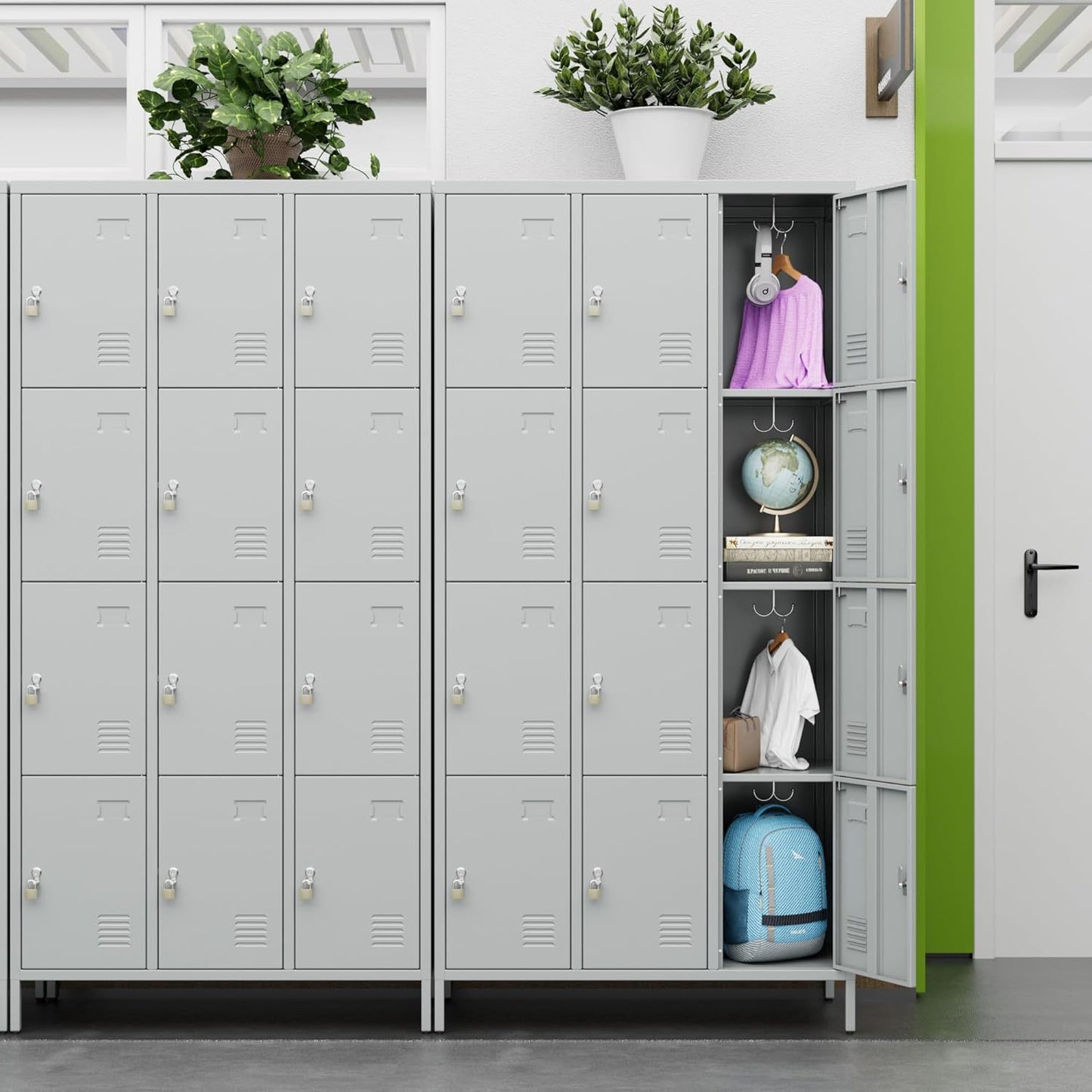 US Local Metal Lockers For Employees With 12 Door & Hooks,Metal Storage Locker With Lock And Card Slot For School Office Garage Gym Bedroom Home,Assembly Required,12 Doors Light Grey