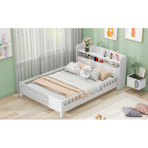 US Local Wood Full Size Platform Bed With Built-in LED Light, Storage Headboard And Guardrail, White