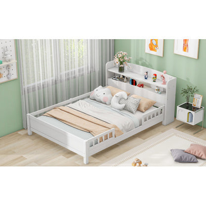US Local Wood Full Size Platform Bed With Built-in LED Light, Storage Headboard And Guardrail, White