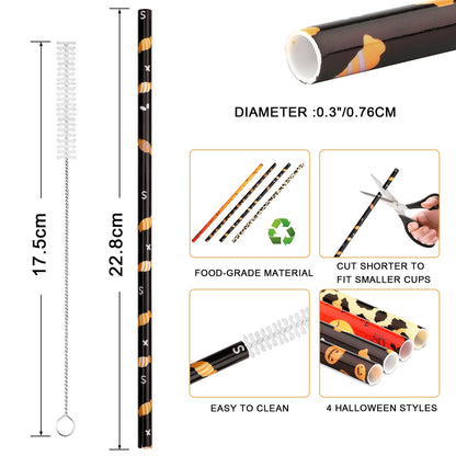 US Local 40 Pack Of 9 Inch BPA-Free Halloween Reusable Straws With Colorful Stripe Print Hard Straws For Mason Jars, Mason Glasses, Home Or Party Use, Comes With A Cleaning Brush