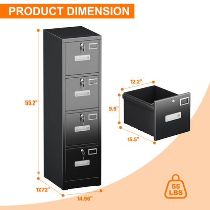 US Local 4 Drawer File Cabinet, Metal Vertical Black Filing Cabinets With Lock For Home Office With Name Card Holder For Letter,Legal,A4,F4 Size,Assemble Required