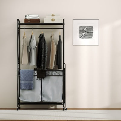 US Local Multi Functional Laundry Hamper Organizer With Hanging Rail And Storage Shelf Rolling Laundry Cart With Wheels, Heavy Duty Metal Frame For Bathroom, Laundry Room, Or Bedroom Organization