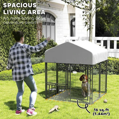 US Local Welded Wire Outdoor Dog Kennel With Rotating & 4 Levels Adjustable Bowls