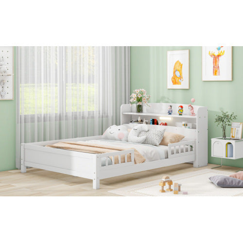US Local Wood Full Size Platform Bed With Built-in LED Light, Storage Headboard And Guardrail, White