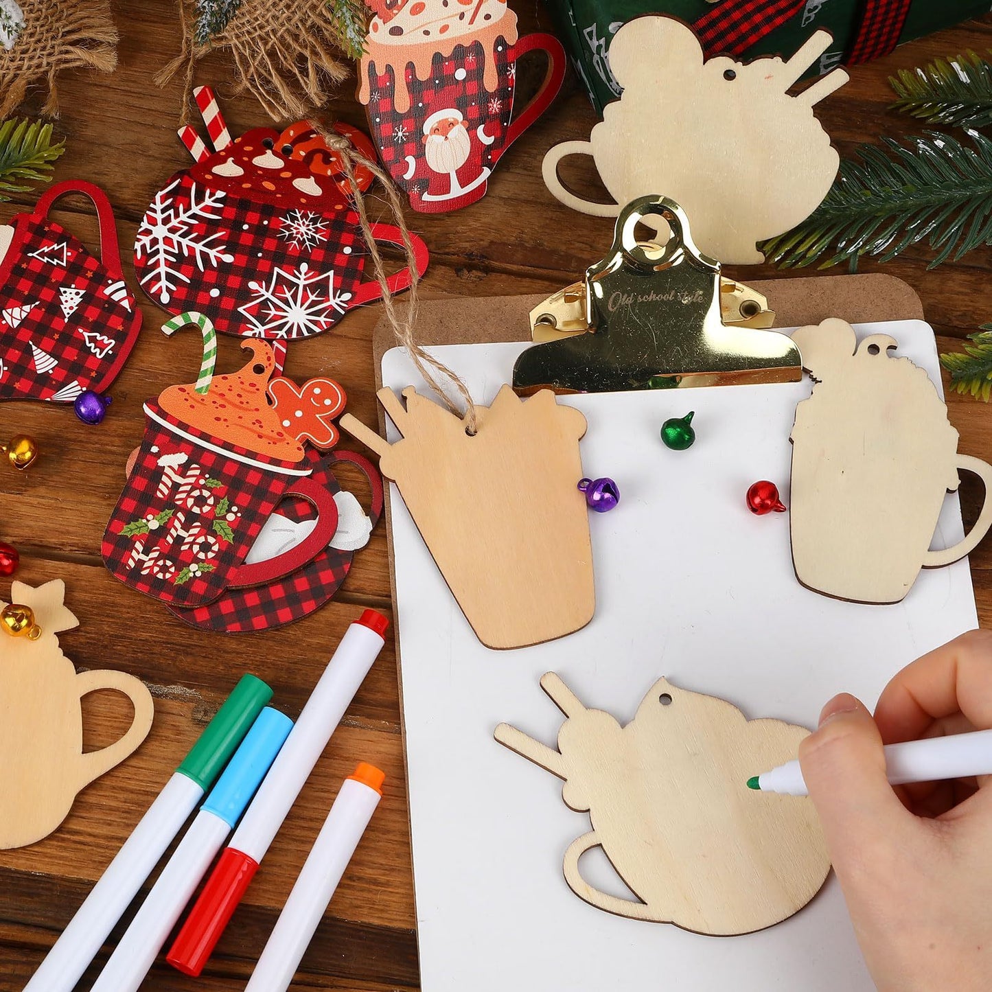 US Local 50 Pieces Christmas Wooden Ornaments Hot Cocoa Blanks Pendants Unfinished Predrilled Wood Buffalo Plaid Coffee Mug Slices Hanging For Xmas Festivals DIY Crafts Decoration, 10 Styles