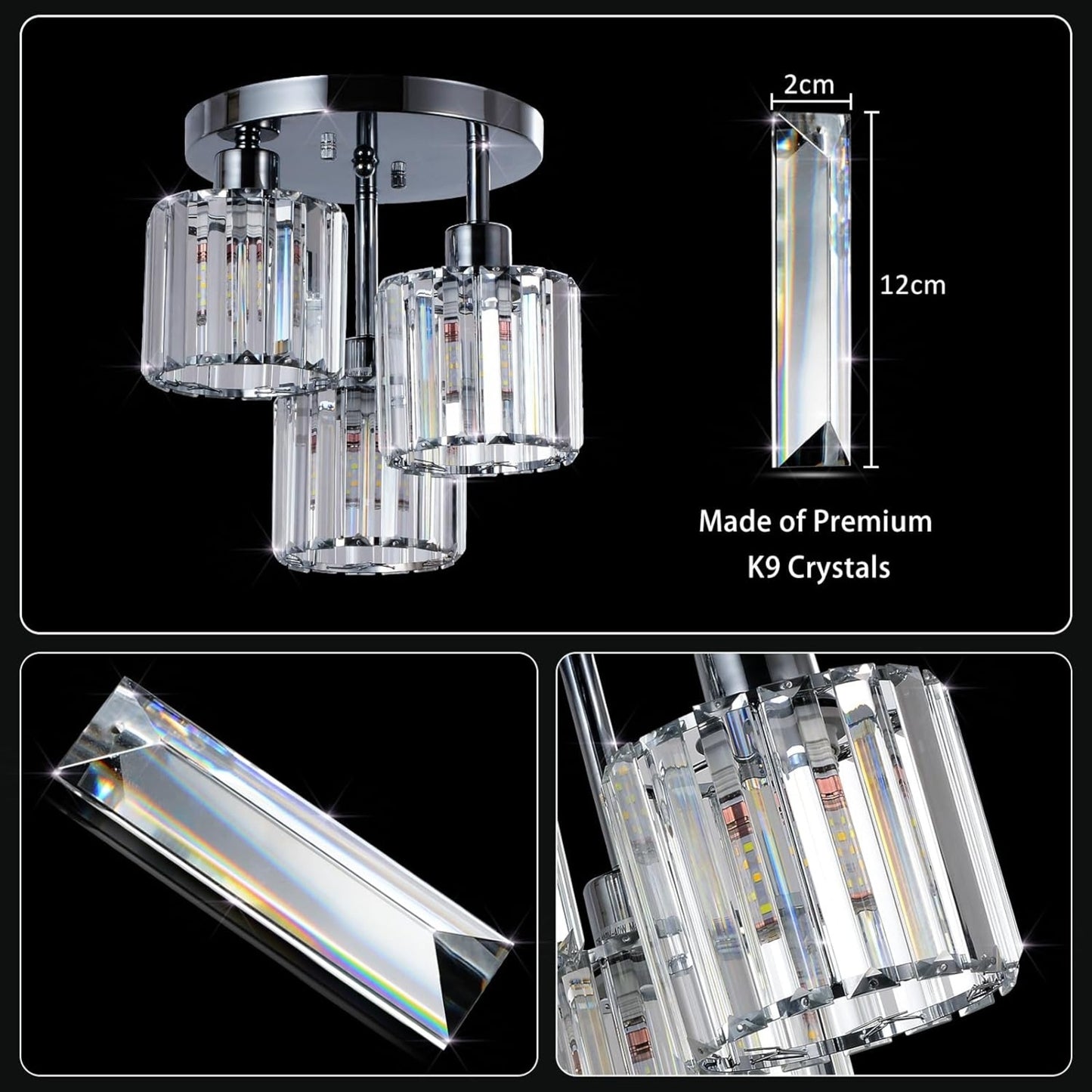 US Local Semi Flush Mount Ceiling,3-Light Kitchen Mount,Hallway Light Fixtures Ceiling With Clear Crystal Sha