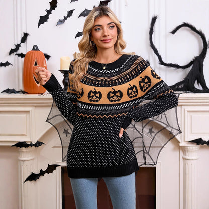 Women's Halloween Pumpkin Embroidered Retro Long-sleeved Sweater