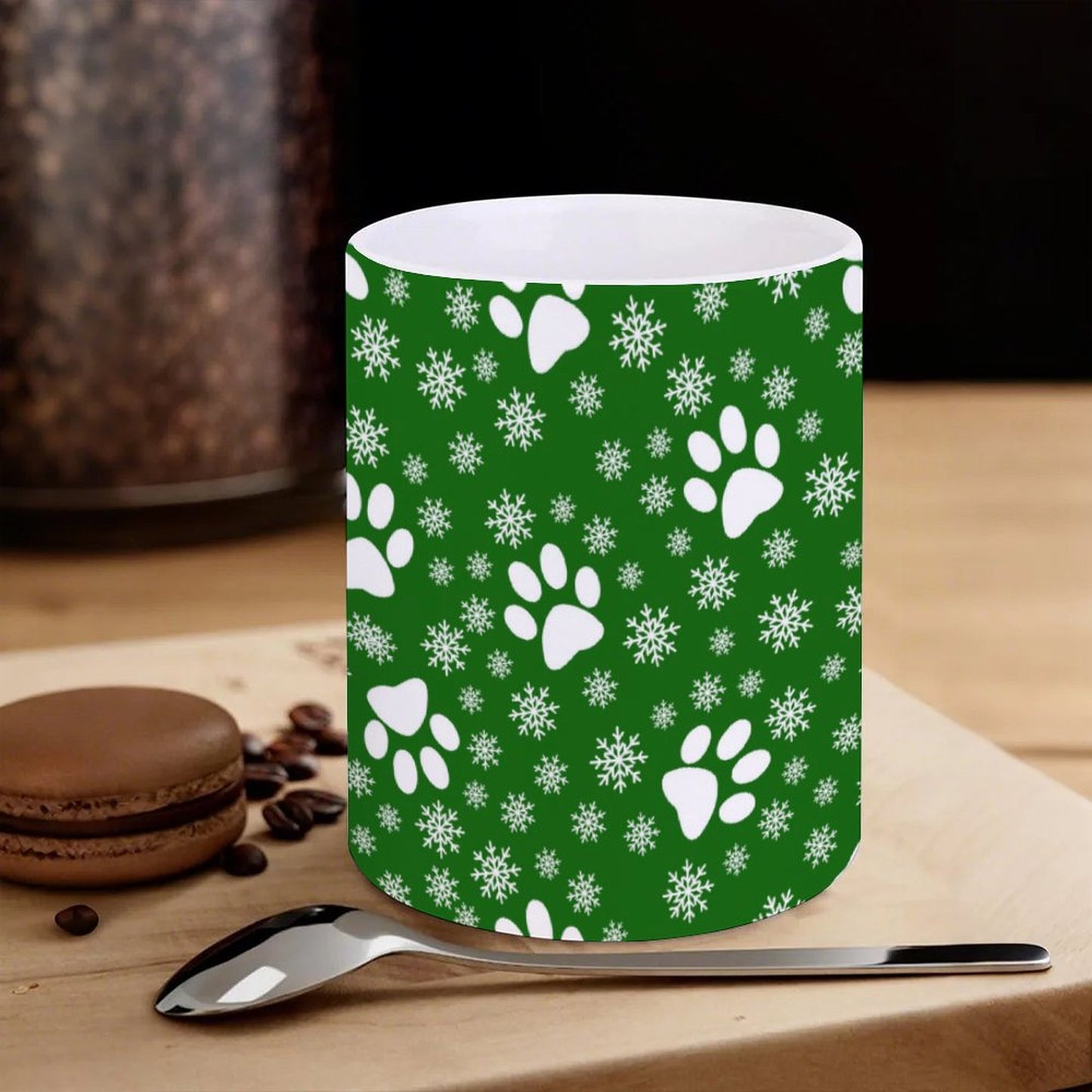 POD US Local White mug with full print, Christmas Snowflakes Cats Dogs Paws Green 0028