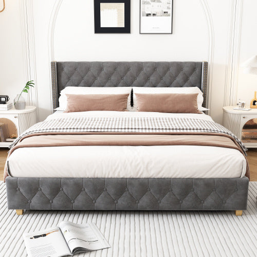 UK Local Upholstered Bed,King Size Bed-5ft 150x200cm ,With Slatted Frame And Headboard, Button Upholstery, Rivet Upholstery, Wooden Legs, Velvet, Grey