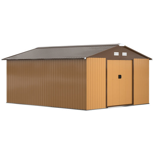 UK Local Outsunny 13 X 11ft Metal Garden Shed, Outdoor Storage Tool House With Ventilation Slots, Foundation Kit And Lockable Double Doors, Light Brown