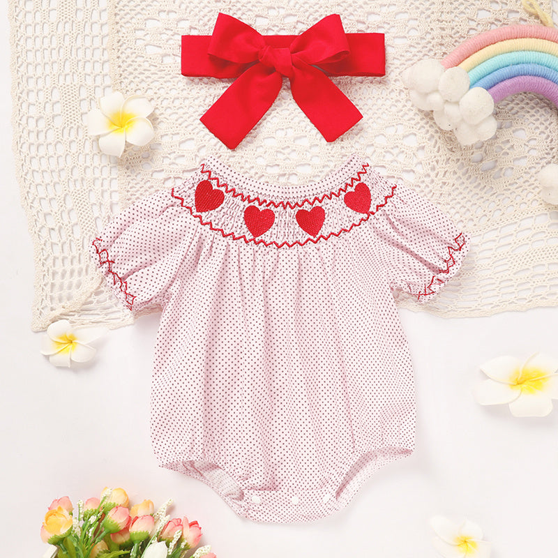 US Local Newborn Baby Girls' Valentine's Day Smocked Romper Short Sleeve Heart Embroidery Jumpsuit Casual Cute Romper