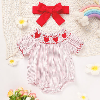 US Local Newborn Baby Girls' Valentine's Day Smocked Romper Short Sleeve Heart Embroidery Jumpsuit Casual Cute Romper