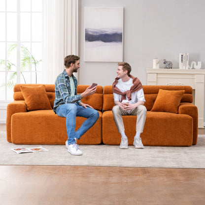 US Local LY-029 ORANGE COMPRESSION SOFA 4-seater Combined Sofa, Wood Grain Chenille Fabric, Full Sponge Compression Sofa,combined Sofa With 2 Pillows For Living  Home Furniture  Apartment