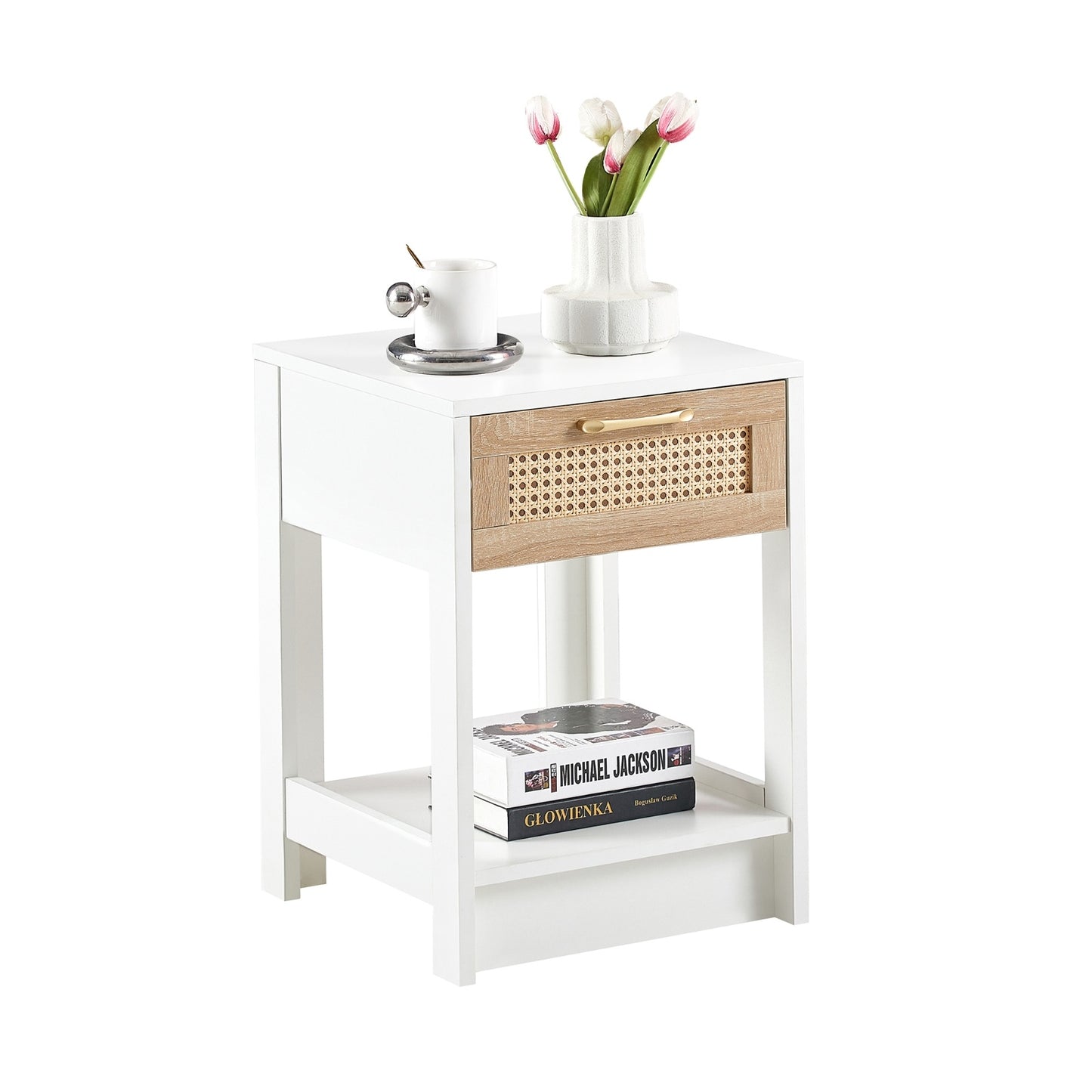 US Local 15.75 Rattan End Table With Drawer, Modern Nightstand For Bedroom, White